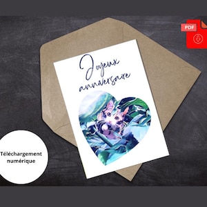 Cute Cat in Tree Birthday Card - Printable PDF - Unique Greeting Card - Happy Birthday Card - French