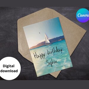 Jolie carte d’anniversaire voilier à imprimer – Modèle modifiable - carte vœux unique - Téléchargement numérique de l’océan - Canva anglais