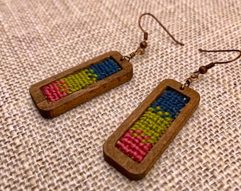 Hand embroidered wool & wood earrings