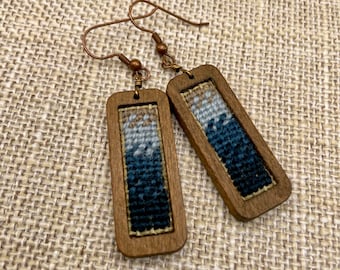 Hand embroidered wool & wood earrings