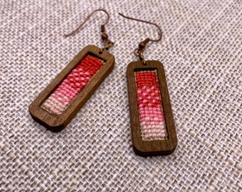 Hand embroidered wool & wood earrings