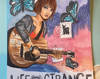 May include: A hand-drawn illustration of a young woman playing an acoustic guitar. The background is a watercolor wash of pink, purple, and blue with butterflies and the text "This action will have consequences..." The text "Life is Strange" is written in black at the bottom of the image.