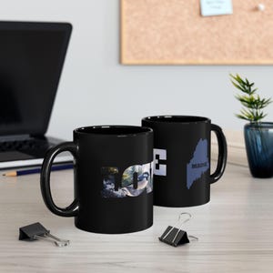 Maine Love Mug, Black Ceramic Coffee Cup, Perfect Gift for Maine Lovers, Home & Kitchen Decor, Unique Travel Souvenir, Love Maine
