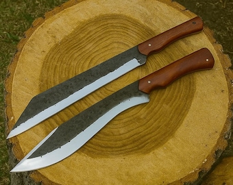 Hand Forged Kukri & Seax Knife Set: Rosewood Handle, Leather Sheath