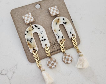 blonde checkerboard asymmetrical arch earrings *MADE TO ORDER* porcelain ceramic jewelry handmade hand-painted statement earrings