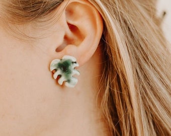coconut palm leaf studs *MADE TO ORDER* porcelain ceramic stud earrings, handmade handpainted jewelry