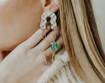 asymmetrical rainbow cross squiggle earrings *MADE TO ORDER* porcelain ceramic jewelry handmade handpainted statement earrings checkered