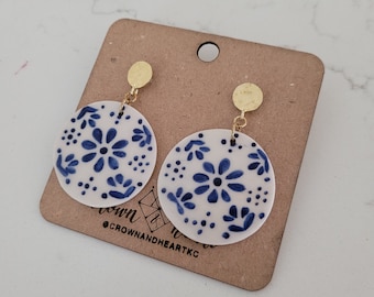 pueblo-inspired statement earrings dot/floral *MADE TO ORDER* porcelain ceramic statement earrings, handmade handpainted jewelry