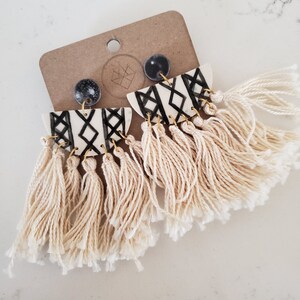 Tassel Earrings Bohemian Earrings Statement Earrings Porcelain Earrings Neutral Earrings Big Earrings Fringe Earrings Boho image 8