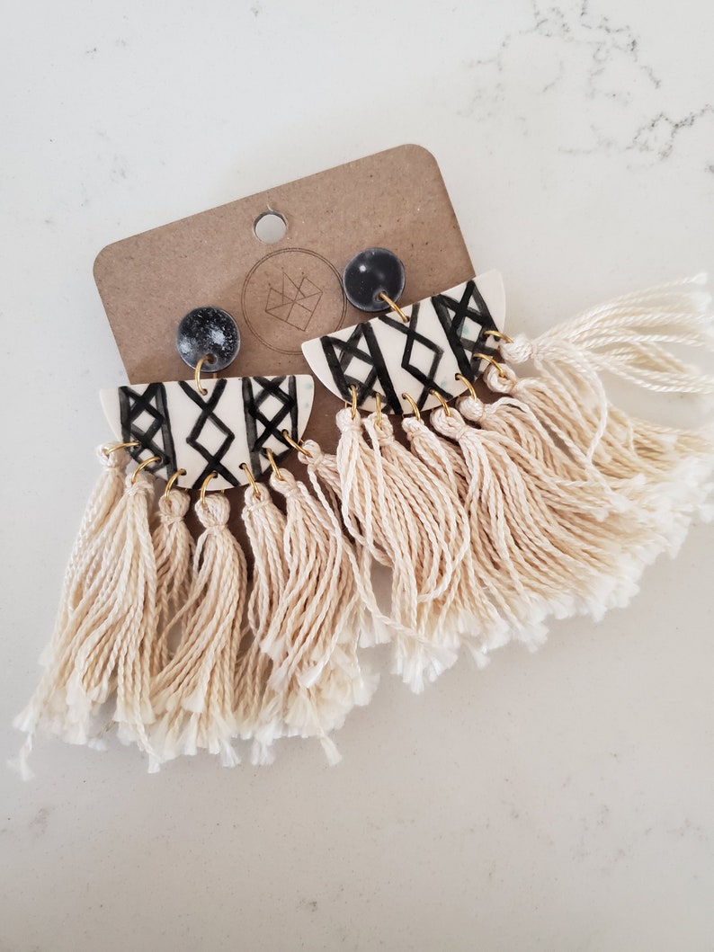 Tassel Earrings Bohemian Earrings Statement Earrings Porcelain Earrings Neutral Earrings Big Earrings Fringe Earrings Boho image 8