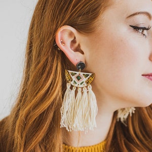 Tassel Earrings Bohemian Earrings Statement Earrings Porcelain Earrings Neutral Earrings Big Earrings Fringe Earrings Boho image 1