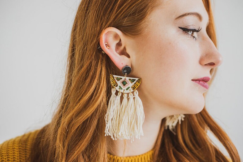 Tassel Earrings Bohemian Earrings Statement Earrings Porcelain Earrings Neutral Earrings Big Earrings Fringe Earrings Boho image 1