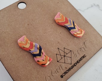 Squiggle Studs - Rainbow Chevron *MADE TO ORDER* Porcelain Ceramic Jewelry - Statement Earrings - Stick Stud Earrings