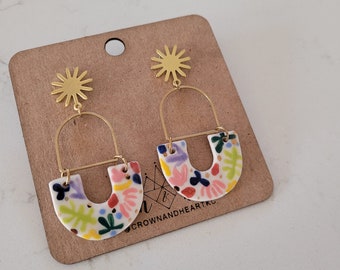 sunburst + abstract shape earrings *MADE TO ORDER* porcelain ceramic statement earrings, handmade handpainted jewelry