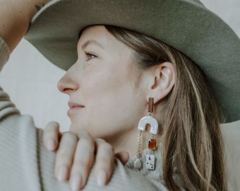 wood + pearl leaf chain arch earrings *MADE TO ORDER* porcelain ceramic jewelry handmade hand-painted statement