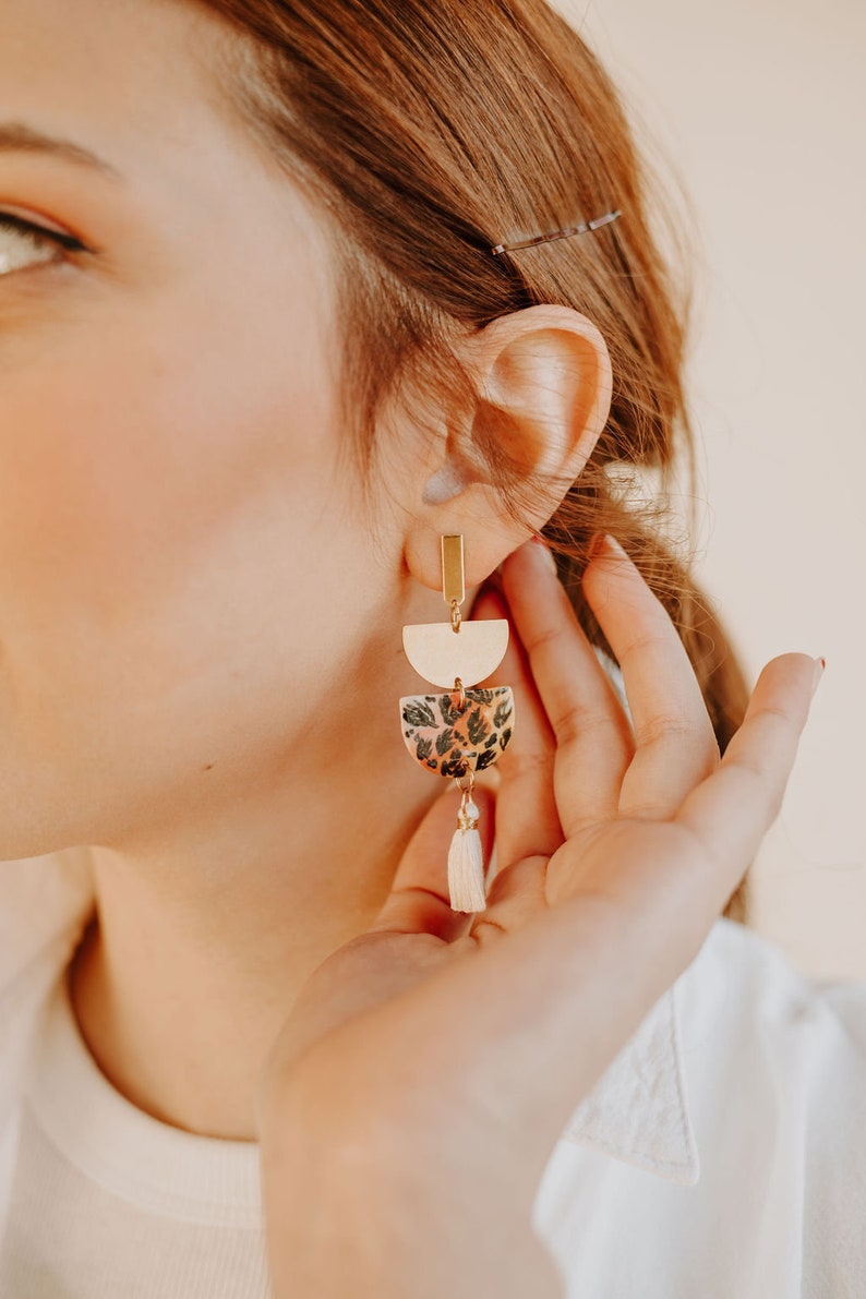 tropical leaf tiered earrings tassels MADE TO ORDER porcelain ceramic statement earrings handmade handpainted jewelry image 8