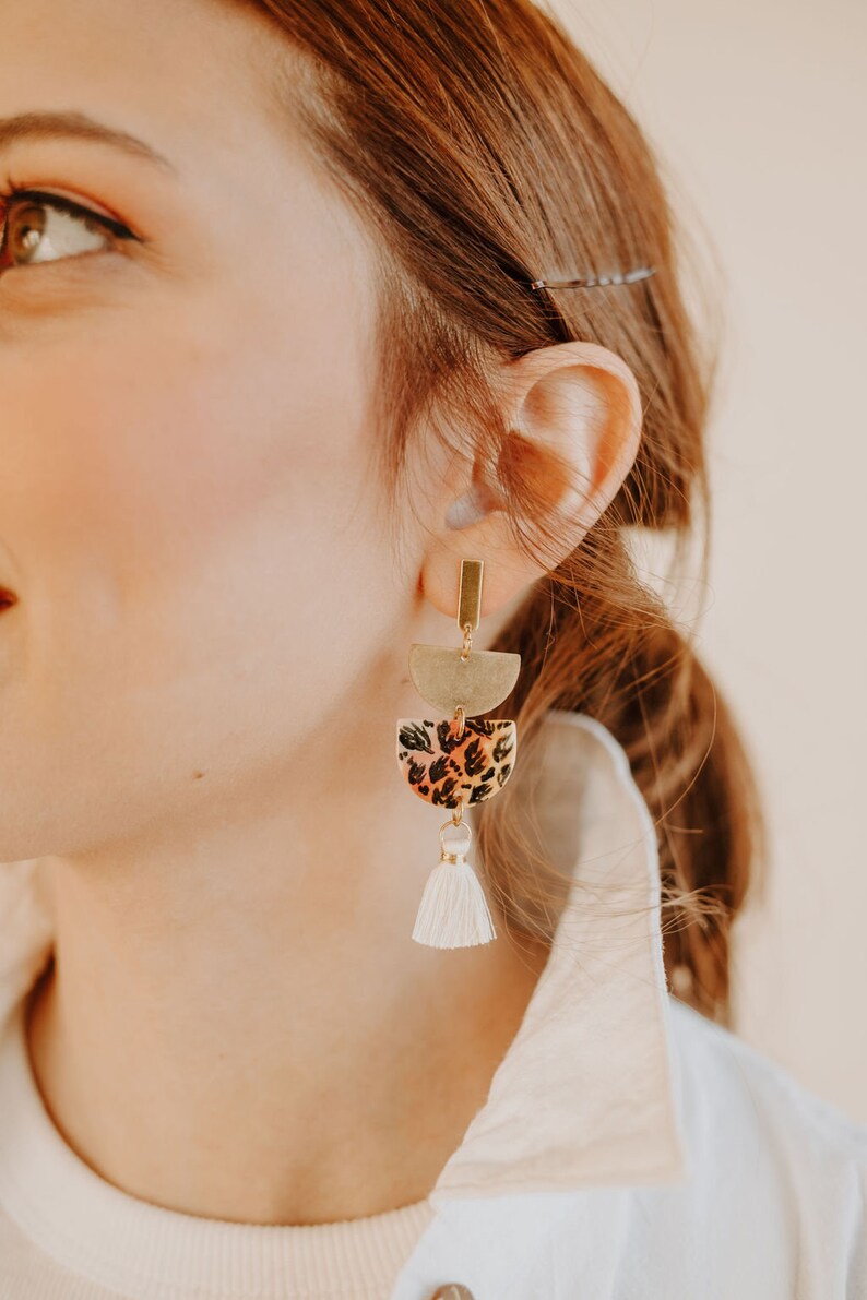 tropical leaf tiered earrings tassels MADE TO ORDER porcelain ceramic statement earrings handmade handpainted jewelry image 5