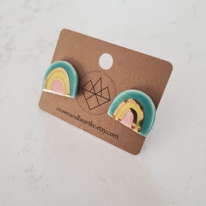 mini rainbow studs - teal + yellow + pink *MADE TO ORDER* ceramic stud earrings porcelain jewelry handmade handpainted