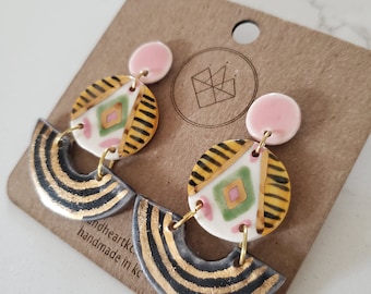 three tier midcentury statement earrings - pink + yellow + green *MADE TO ORDER*