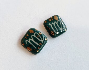 Virgo stud earrings, porcelain ceramic stud earrings, hand painted with 22k gold luster details