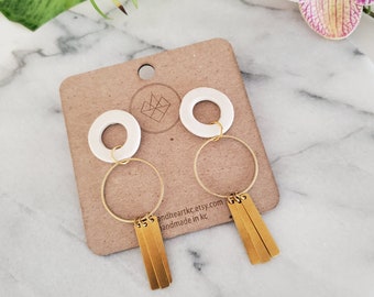 open circle brass tassel earrings *MADE TO ORDER* porcelain ceramic statement earrings, handmade handpainted jewelry