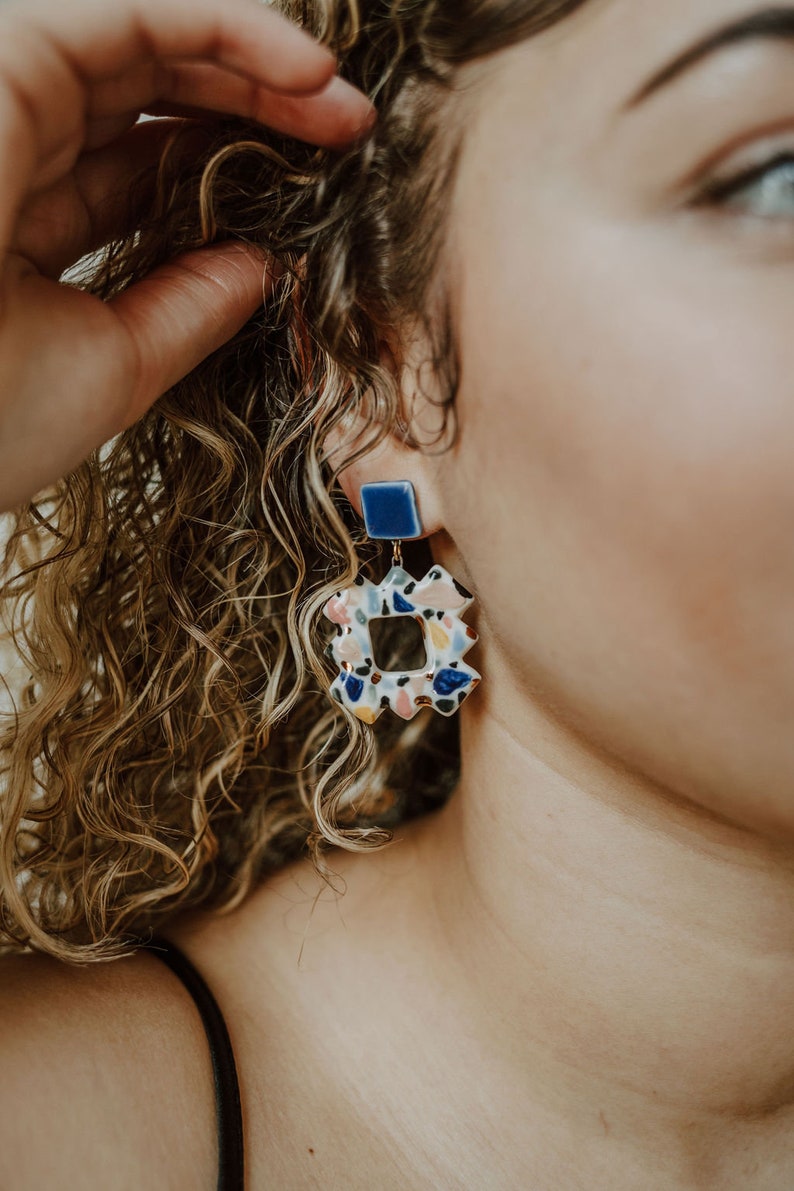 square terrazzo geometric cut-out earrings MADE TO ORDER image 1