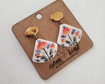 folk floral dangle earrings *MADE TO ORDER* porcelain ceramic statement earrings, handmade handpainted jewelry