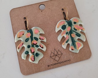 tropical leaf earrings - green *MADE TO ORDER* porcelain ceramic statement earrings,