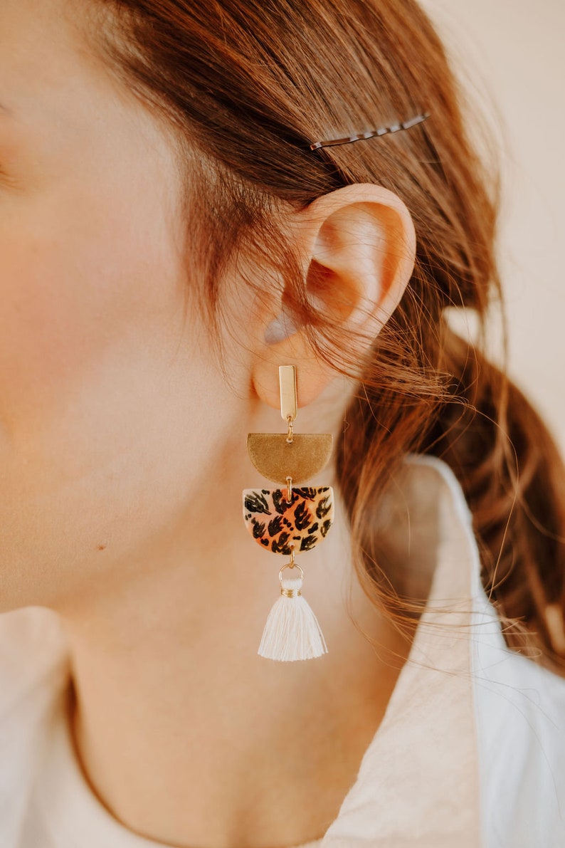 tropical leaf tiered earrings tassels MADE TO ORDER porcelain ceramic statement earrings handmade handpainted jewelry image 2