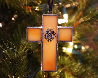 Light Brown Cross Stained Glass Ornament  -  FREE Shipping in the USA