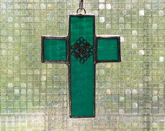 Teal Cross Stained Glass Ornament  -  FREE Shipping in the USA