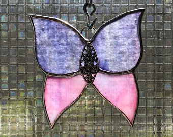 Pink and Purple Butterfly Stained Glass Suncatcher  -  FREE Shipping in the USA