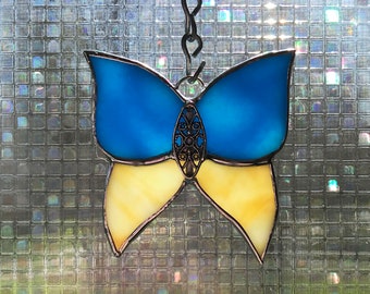 Blue, Green, and Aqua Butterfly Stained Glass Suncatcher  -  FREE Shipping in the USA