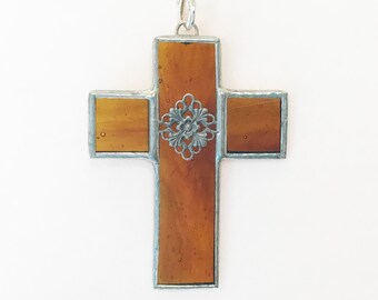 Light Brown Cross Stained Glass Ornament  -  FREE Shipping in the USA