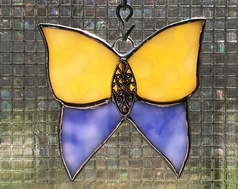 Yellow & Blue, and Peach Butterfly Stained Glass Suncatcher  -  FREE Shipping in the USA