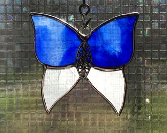 Blue Butterfly Stained Glass Suncatcher  -  FREE Shipping in the USA