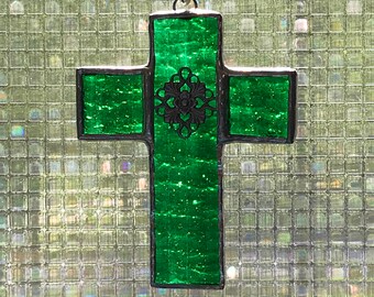 Green Cross Stained Glass Ornament  -  FREE Shipping in the USA