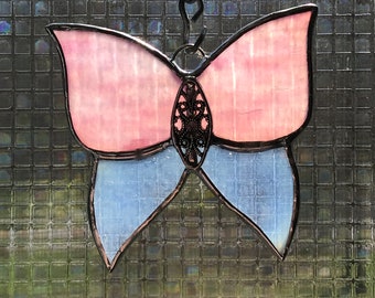 Pink and White Butterfly Stained Glass Suncatcher  -  FREE Shipping in the USA