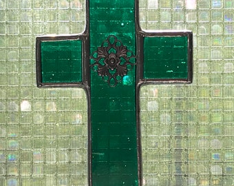 Emerald Green Cross Stained Glass Ornament  -  FREE Shipping in the USA