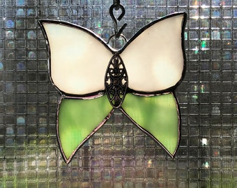 Green and Teal Butterfly Stained Glass Suncatcher  -  FREE Shipping in the USA