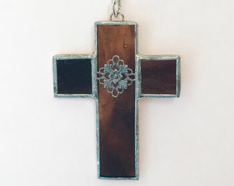 Brown Cross Stained Glass Ornament  -  FREE Shipping in the USA