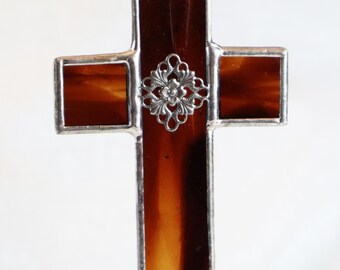 Brown Cross Stained Glass Ornament  -  FREE Shipping in the USA