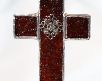 Brown Cross Stained Glass Ornament  -  FREE Shipping in the USA