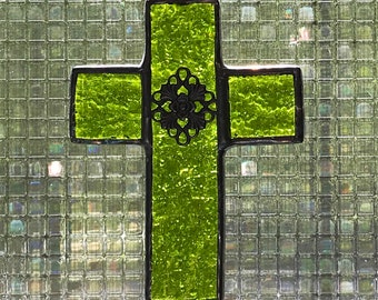 Lime Green Cross Stained Glass Ornament  -  FREE Shipping in the USA