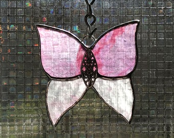 Pink Butterfly Stained Glass Suncatcher  -  FREE Shipping in the USA