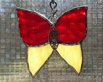 Reds and Whites Butterfly Stained Glass Suncatcher  -  FREE Shipping in the USA