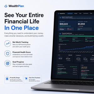 May include: A laptop displaying the WealthPlan financial dashboard interface with dark mode, featuring net worth tracking, financial health scores, and goal progress metrics. The screen shows charts, spending categories, and financial data summaries.