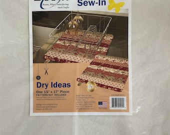 May include: A white Bosal In-R-Form Sew-In foam sheet in clear plastic packaging. The label features the text Dry Ideas, One 15 inch by 17 inch Piece, and an image of a wire dish rack on a floral fabric mat. Includes company contact details.