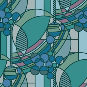 Puede incluir: Patrón geométrico abstracto en tonos de azul, verde y gris. El patrón presenta círculos, líneas y curvas, creando un efecto de vitral.