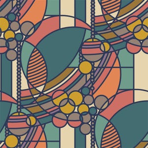 May include: Abstract geometric pattern in shades of teal, orange, pink, and yellow. The design features overlapping shapes, including circles, arcs, and vertical lines, creating a stained-glass effect. The pattern is repeated across the image.